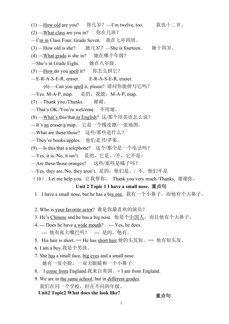 2015年仁爱英语七年级上册Unit1-4重点句汇总.doc_第2页