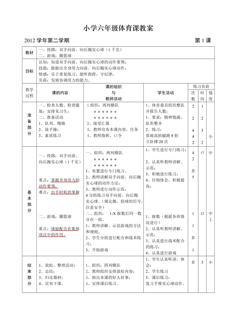 2012年小学六年级体育教案.doc_第1页