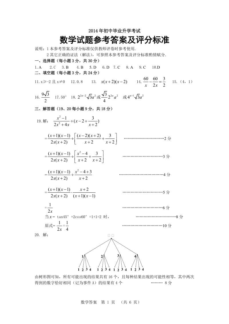 2014年中考数学试题(副卷)参考答案及评分标准.doc_第1页