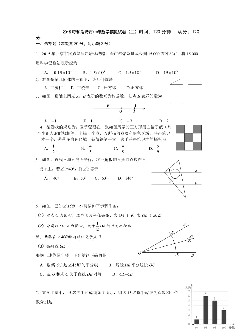 2015呼和浩特市中考数学模拟试卷.doc_第1页