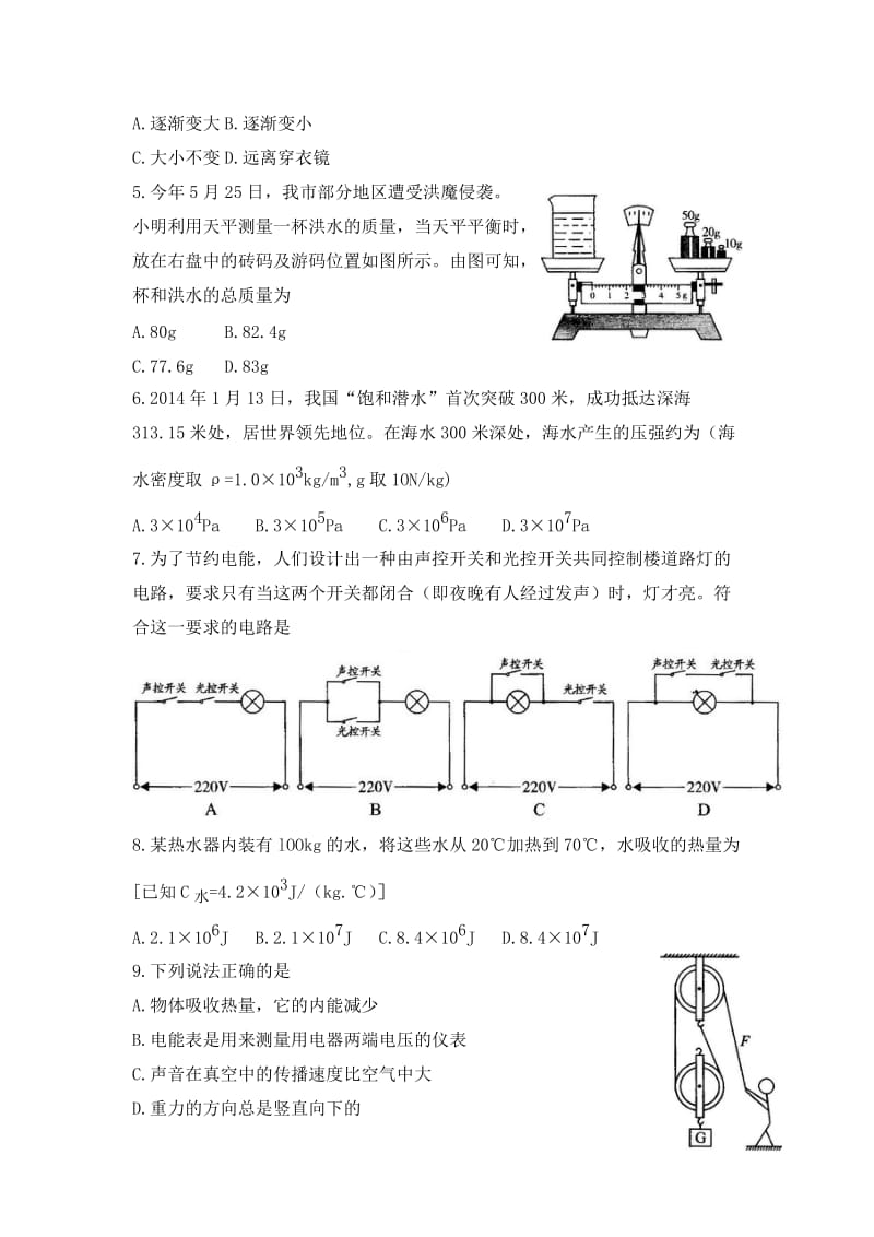 2014年邵阳市中考物理试卷及答案(word版).doc_第2页