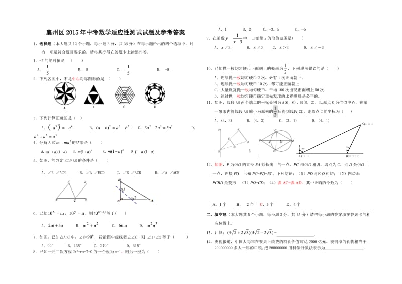 2015年中考数学适应性测试试题及参考答案.doc_第1页