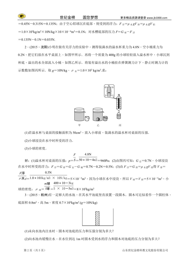 2016聚焦中考物理(甘肃省)专题复习训练：微专题三浮力的有关计算.doc_第2页