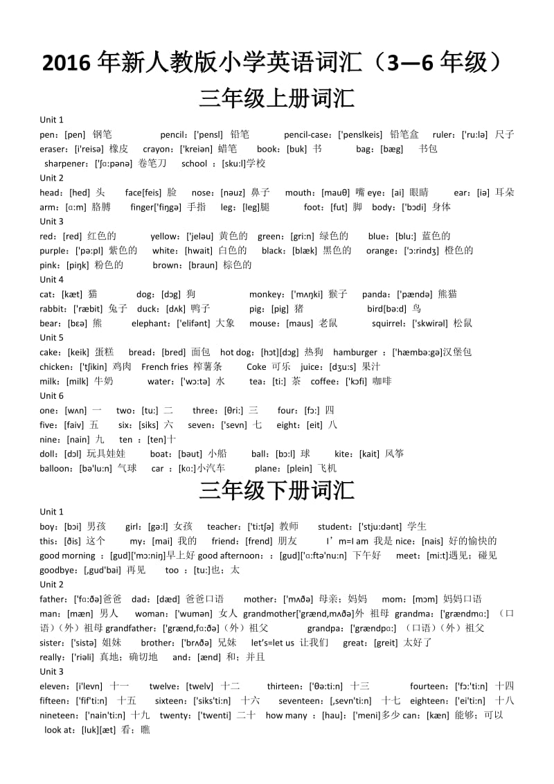 2016年新人教版小学英语词汇(3-6年级).docx_第1页