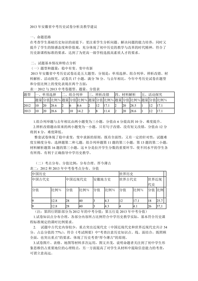 2013年安徽省中考历史试卷分析及教学建议.doc_第1页
