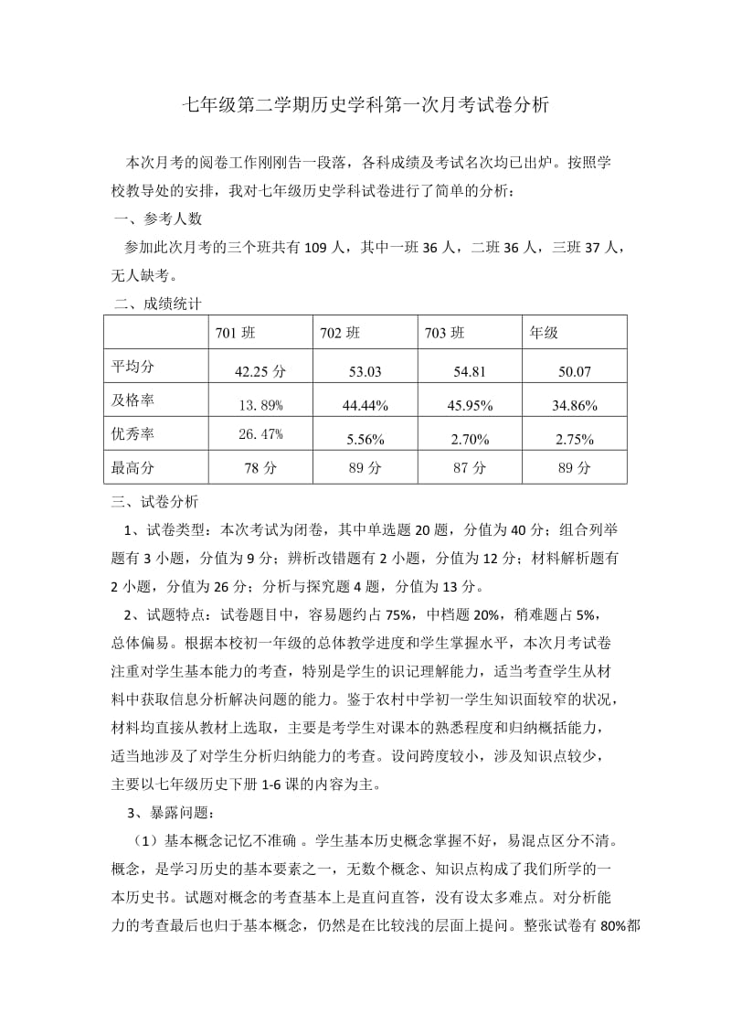 2016年七年级第二学期历史学科第一次月考试卷分析.docx_第1页