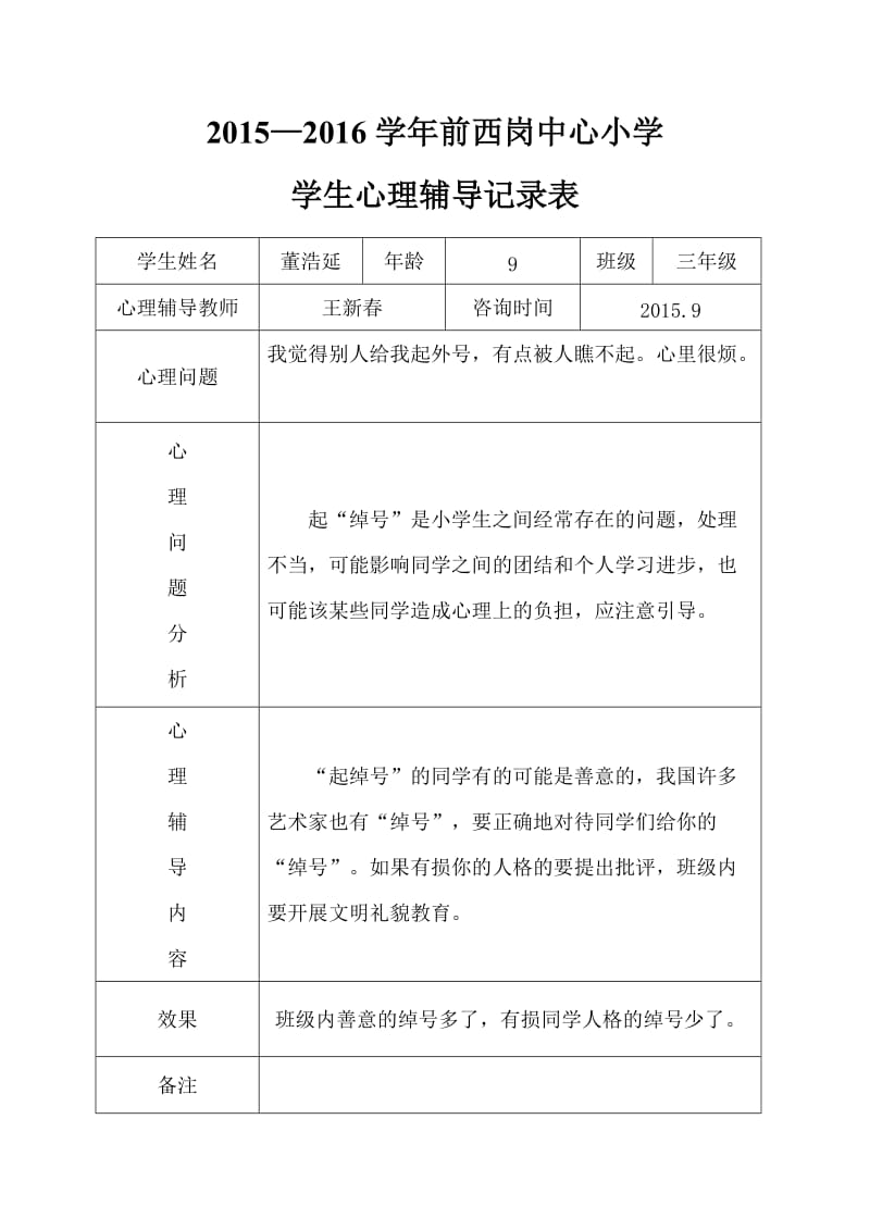 小学心理咨询记录表18份.doc_第1页