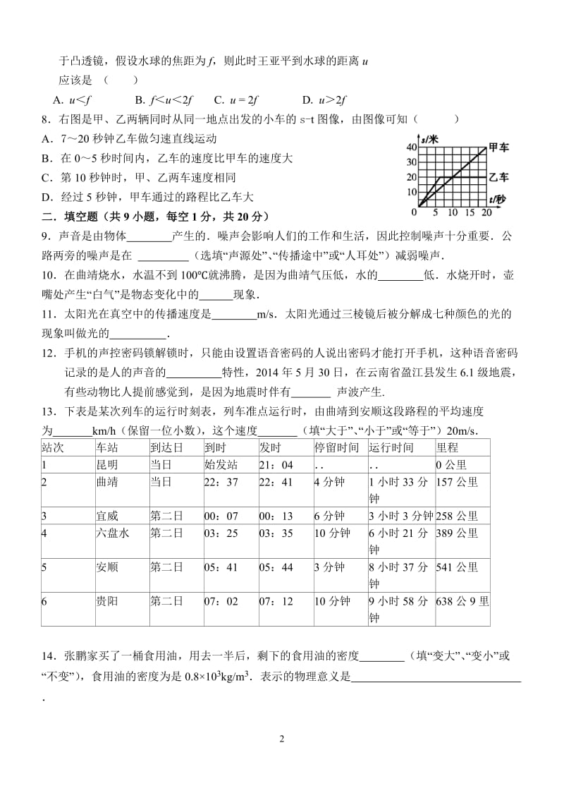 2014年金一中八年级物理上学期试题.doc_第2页