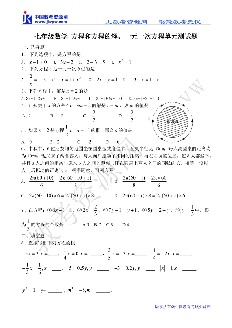 七年级数学方程和方程的解、一元一次方程单元测试题.doc_第1页