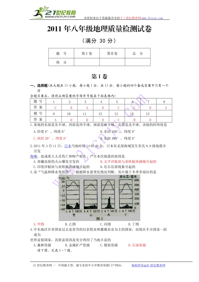 2011年八年级地理质量检测试卷.doc_第1页