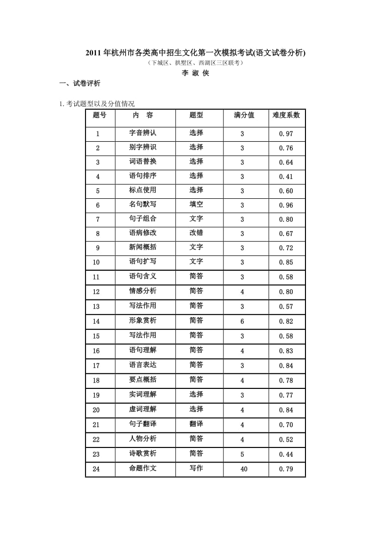 2011年杭州市中考一模三区联考语文试卷分析.doc_第1页