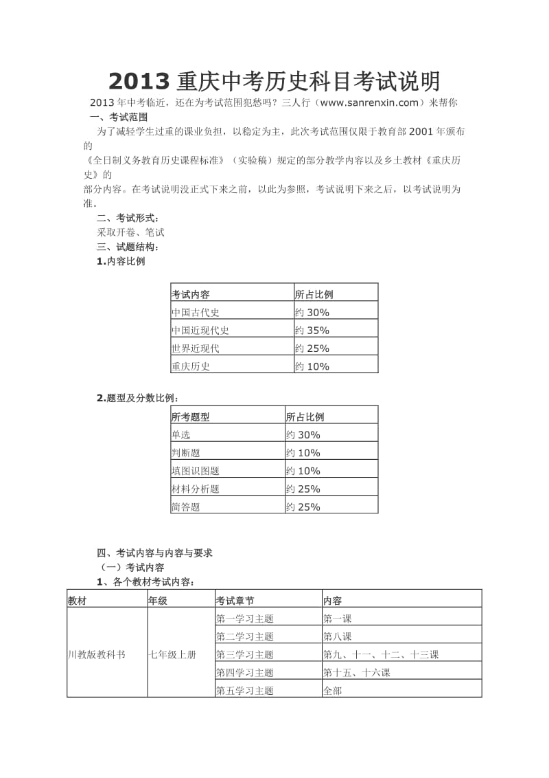 2013重庆中考历史科目考试说明.doc_第1页