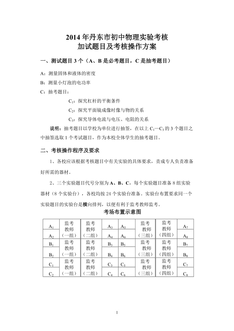 2014丹东市初中物理实验考核题目及评分表.doc_第1页