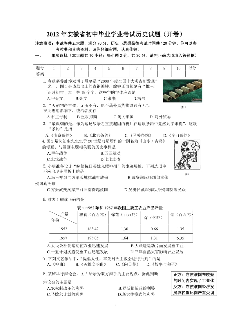 2012年各省市初中历史试题安徽.doc_第1页