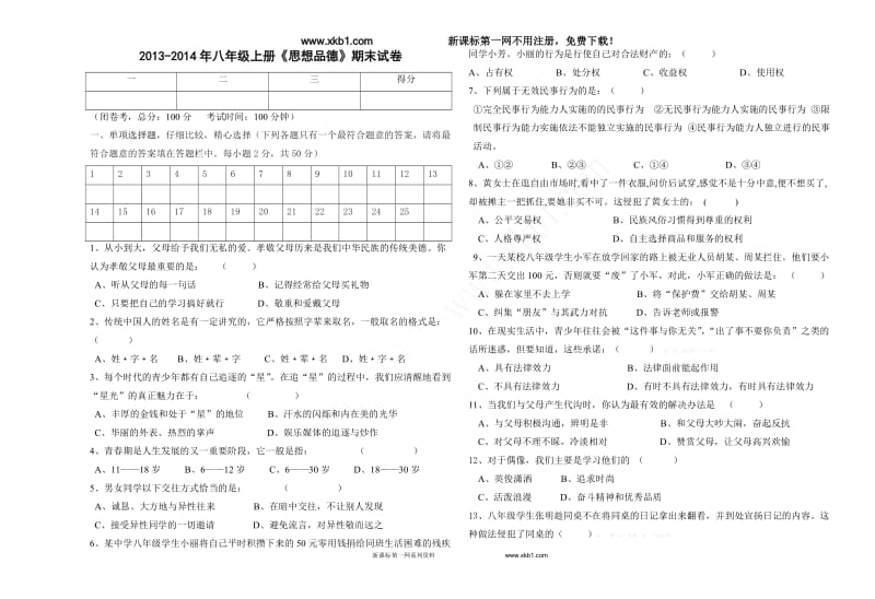 2013-2014年八年级上册《思想品德》期末试卷.doc_第1页