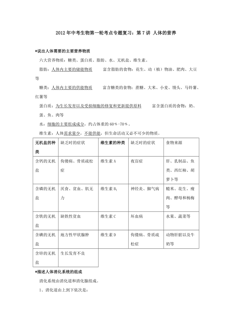 2012年中考生物第一轮考点专题复习：第7讲人体的营养.doc_第1页