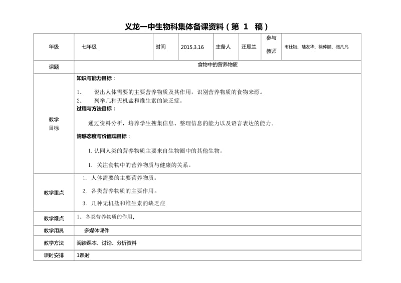 七年级集体备课稿：食物中的营养物质.doc_第1页