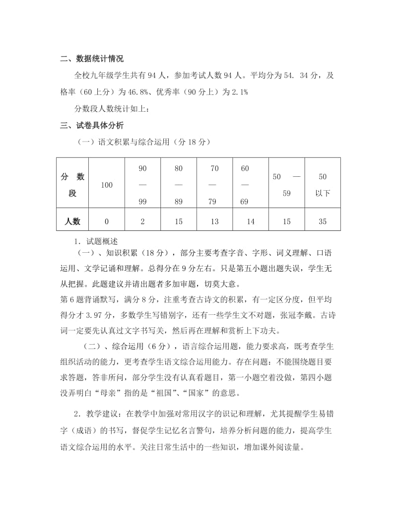 2014年上学期九年级语文期末考试试卷质量分析.doc_第2页