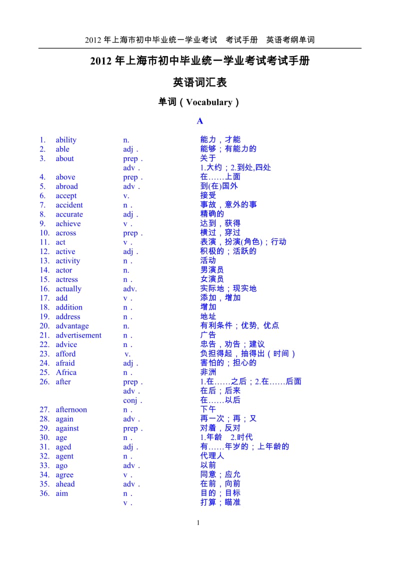 2012年上海市初中毕业统一学业考试考试手册英语词汇表.doc_第1页