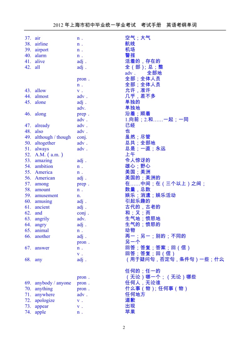 2012年上海市初中毕业统一学业考试考试手册英语词汇表.doc_第2页