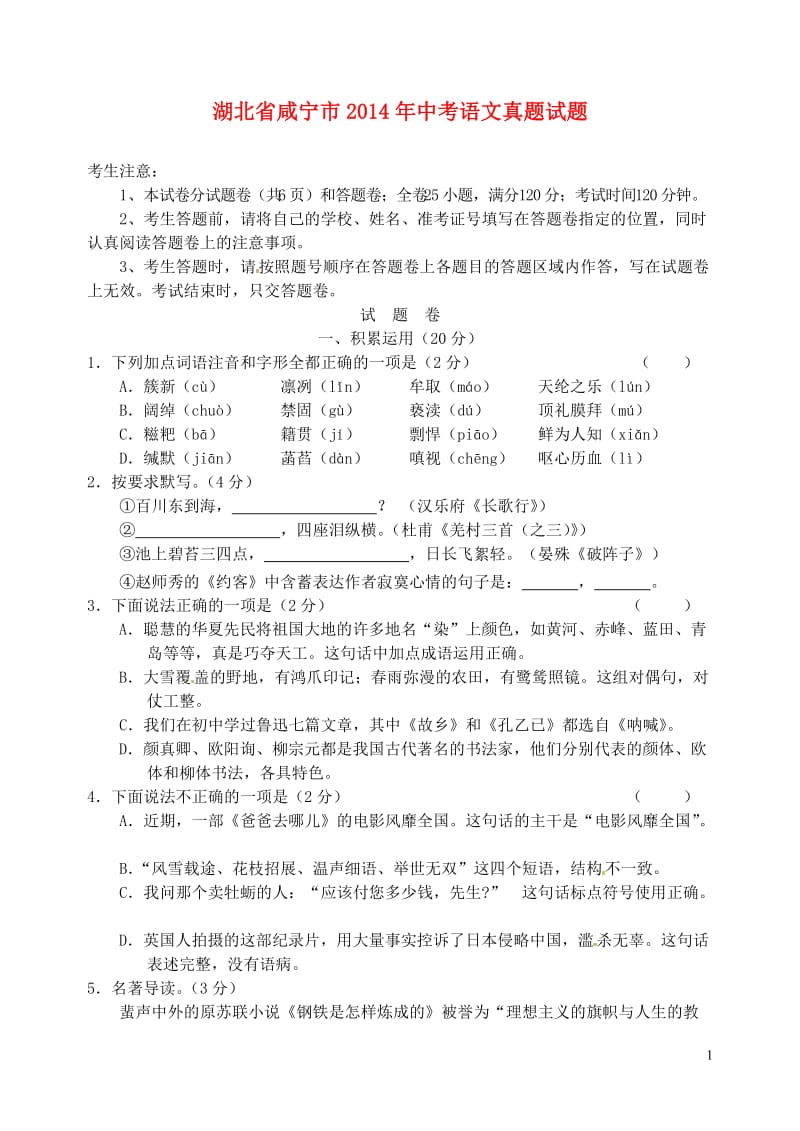 2014咸宁中考语文真题(含答案).doc_第1页