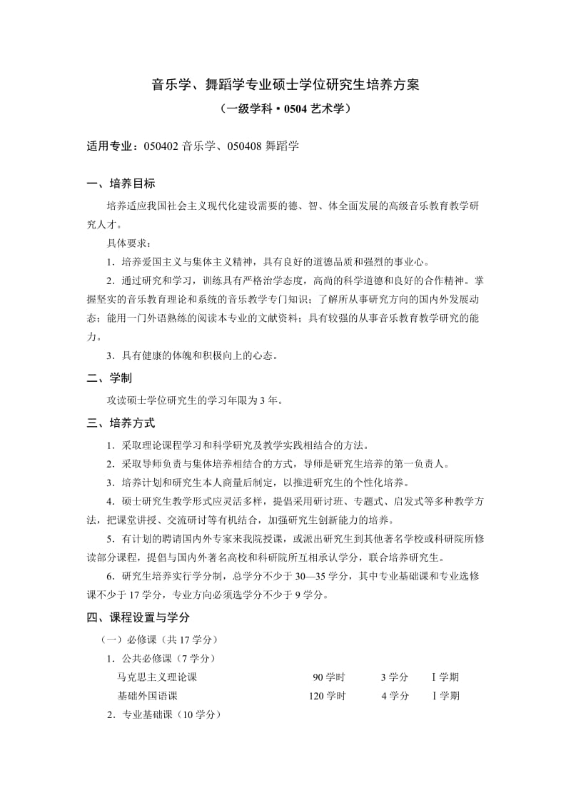 音乐学、舞蹈学专业硕士学位研究生培养方案.doc_第1页