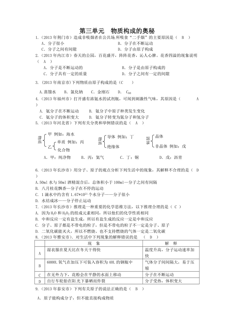 2013年各地中考化学试题汇编第三单元.doc_第1页