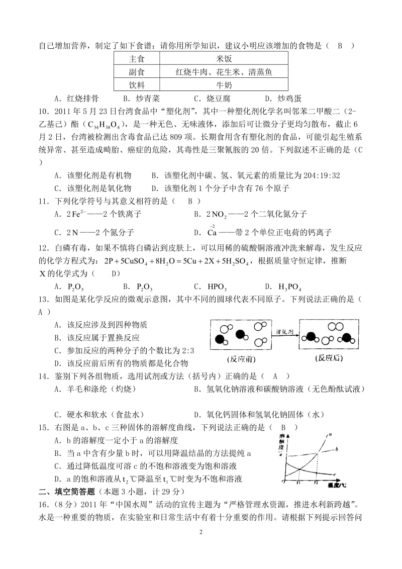 2011年初三年化学模拟试卷(实验中学)电子稿(我没校对).doc_第2页