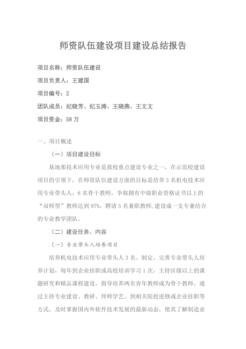 师资队伍建设项目建设总结报告.doc_第1页