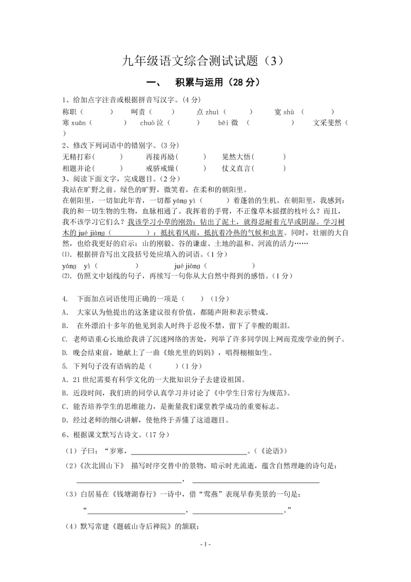 2013九年级人教版语文综合测试题(七年级部分).doc_第1页