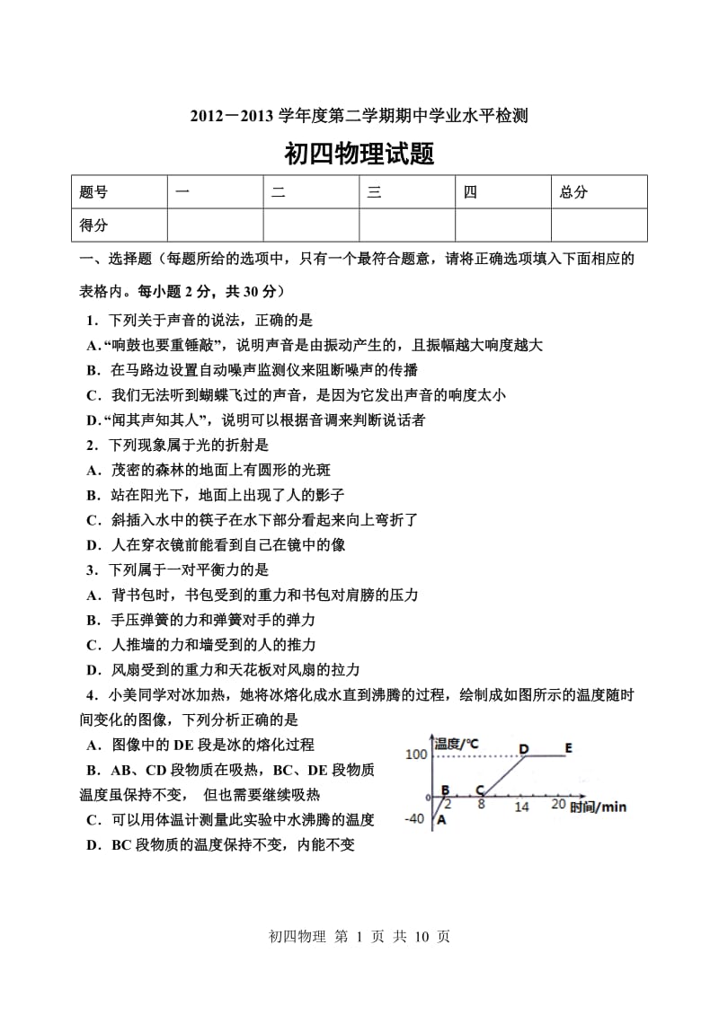 2013中考二模物理试卷山东淄博三中.doc_第1页