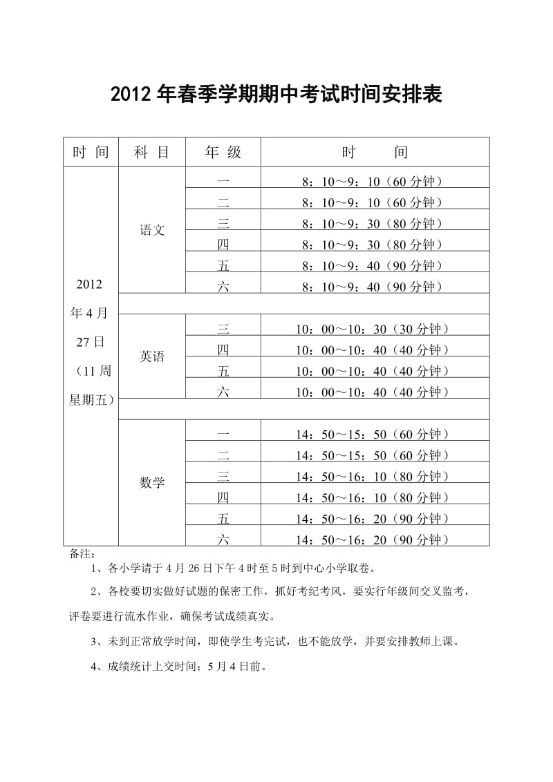 2012年春季学期期中考试时间安排表.doc_第1页