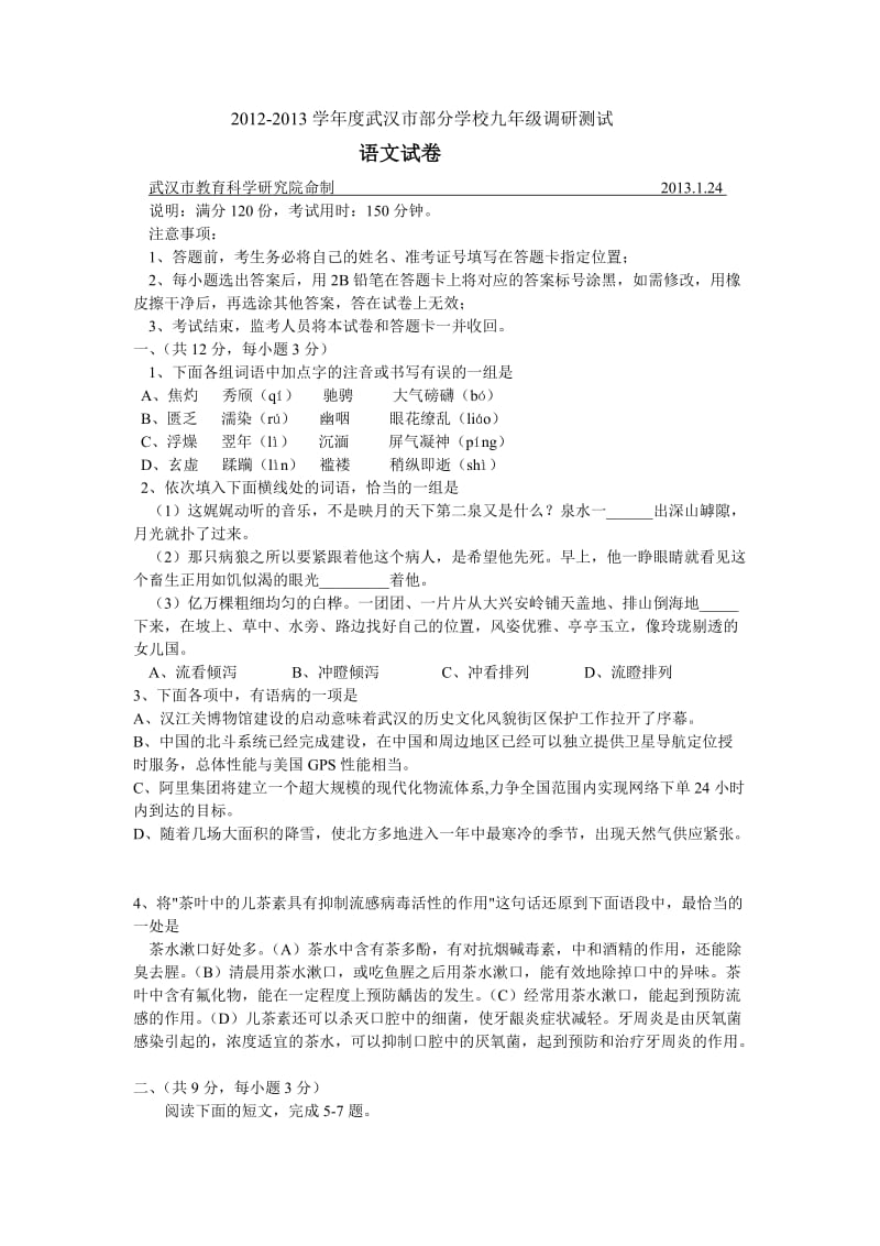2012-2013学年度武汉市部分学校九年级元月调考试卷.doc_第1页