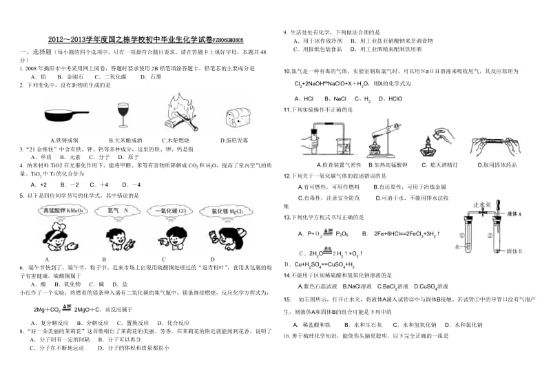 2012～2013学年度国之栋学校初中毕业生化学试卷.doc_第1页