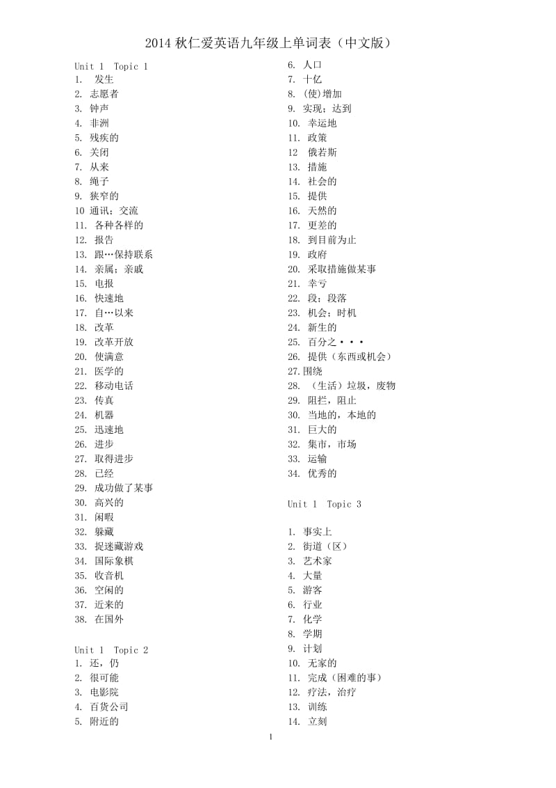 2014最新仁爱英语九年级上单词表中文版.doc_第1页