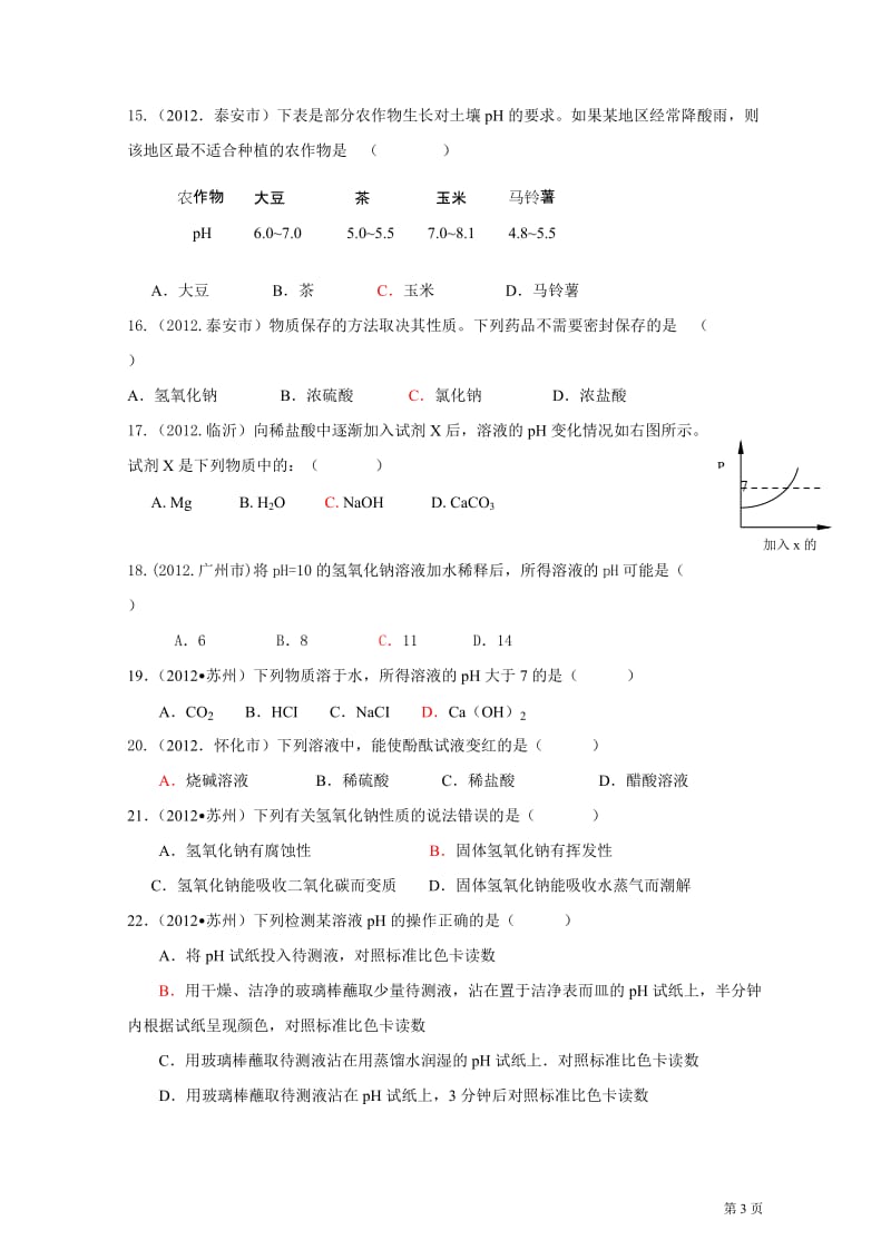 2012年中考化学试题分类单元汇编第10单元酸、碱、盐.doc_第3页