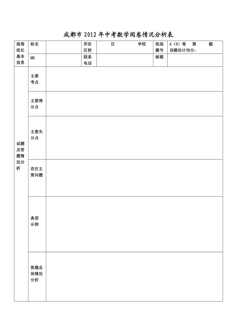 2012年成都市中考阅卷分析表.doc_第1页