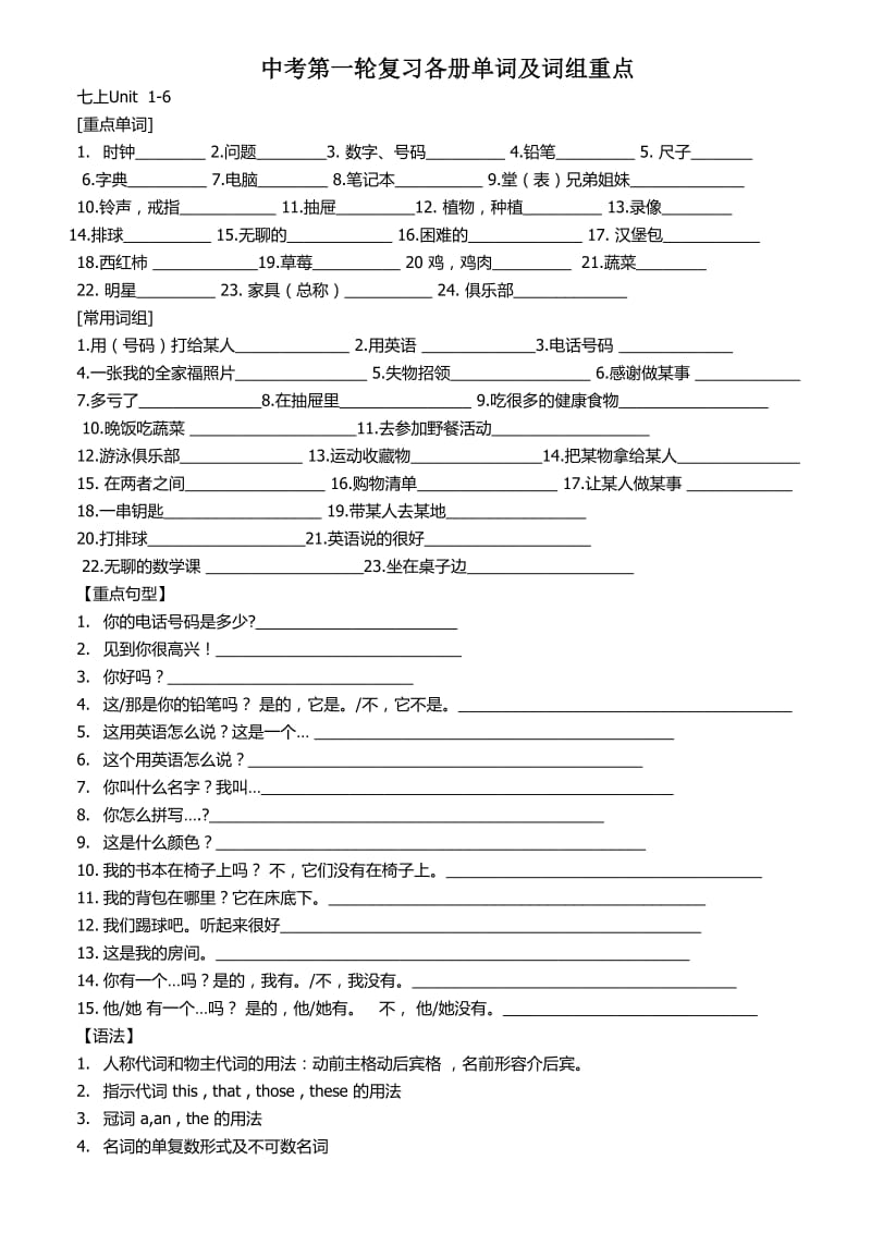 七上unit1-12中考第一轮复习各册单词及词组重点.doc_第1页