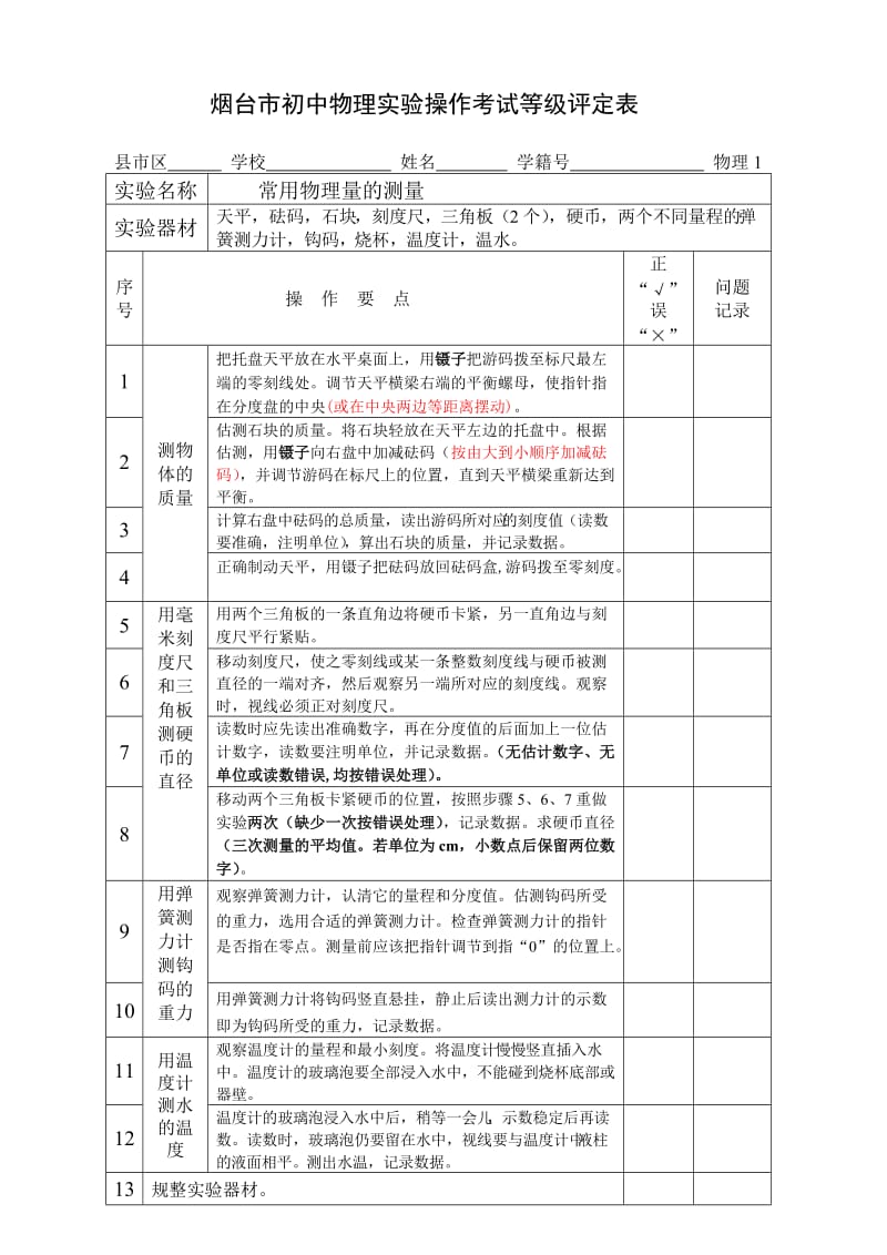 2015年初中物理实验操作考试等级评定表.doc_第1页