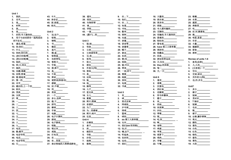 北师大英语七年级上册单词复习表(中译英).doc_第1页