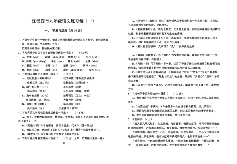 九年级语文练习卷(一).doc_第1页