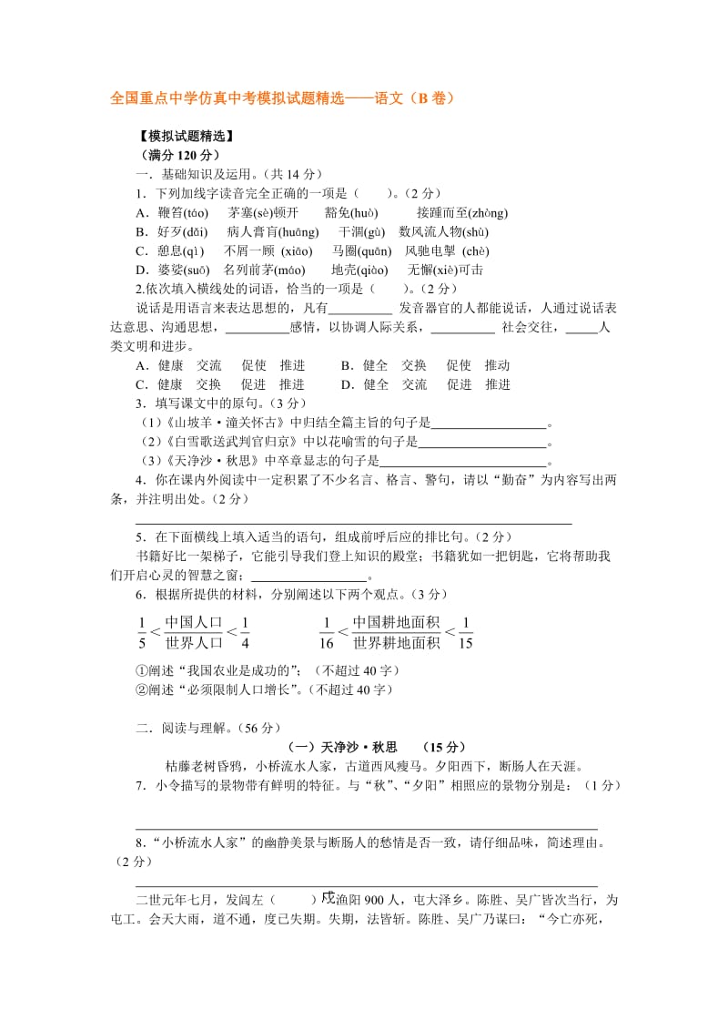 全国重点中学仿真中考模拟试题精选-语文(B卷).doc_第1页