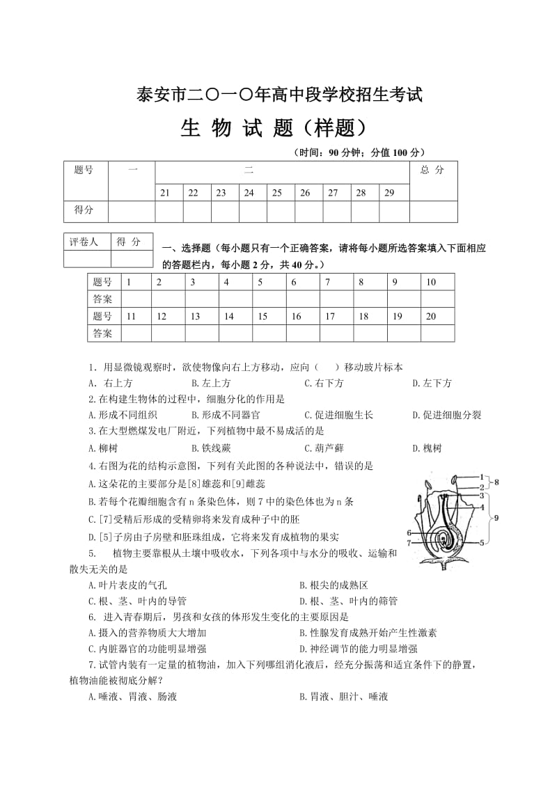 二O一O年泰安市初中生学业考试生物.doc_第1页