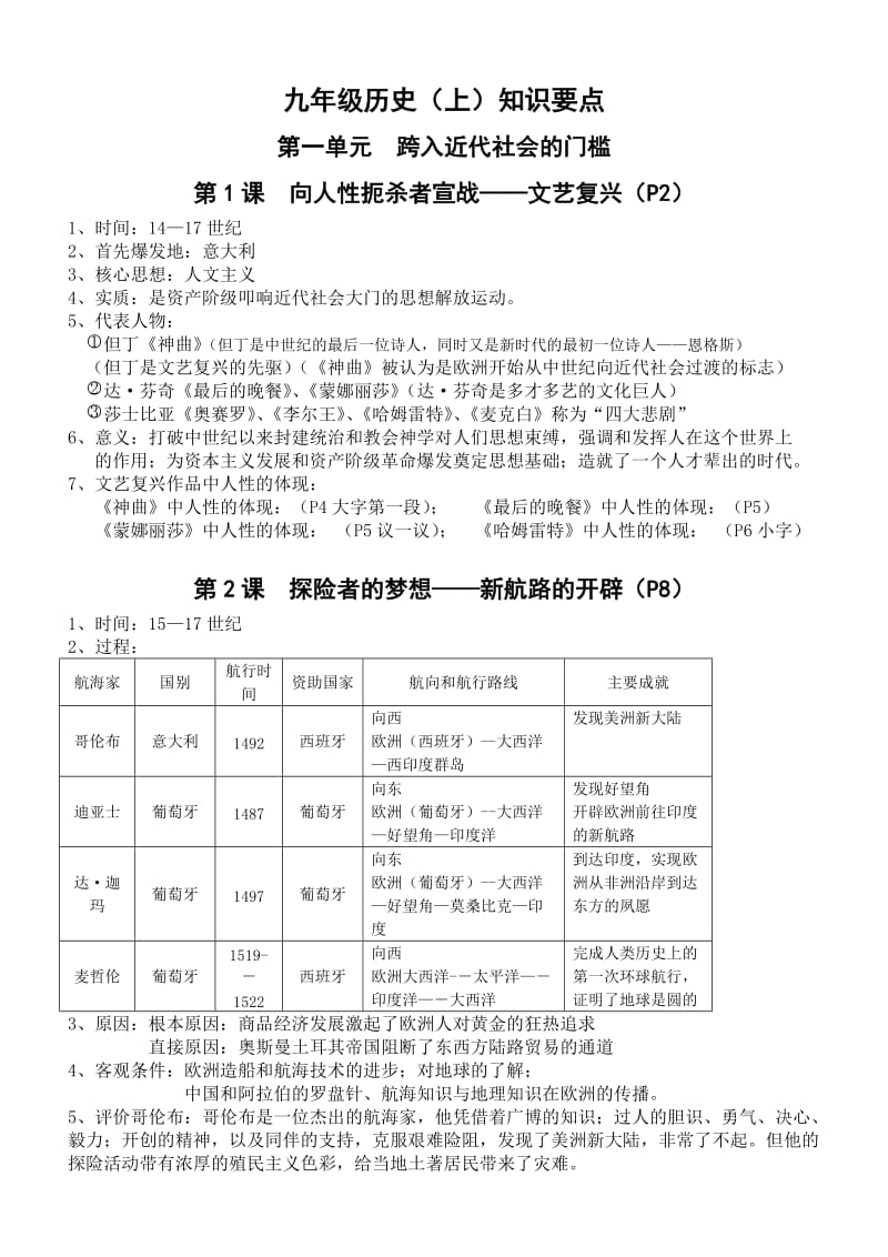 北师大版九年级历史(上)2011年复习提纲.doc_第1页