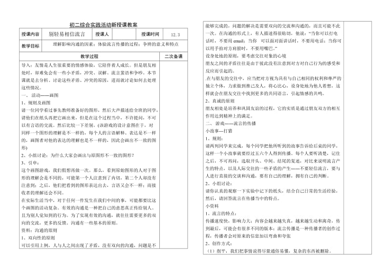 初二综合实践教案2别轻易相信流言.doc_第1页