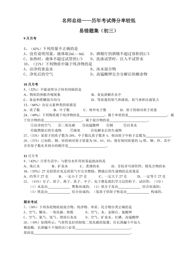 化学错题集(初三版)(中考、月考化学容易失分题目).doc_第1页