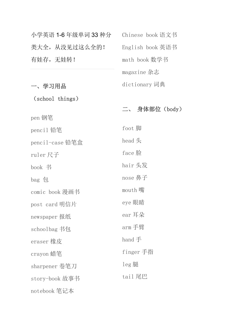 小学英语1-6年级单词33种分类大全.doc_第1页