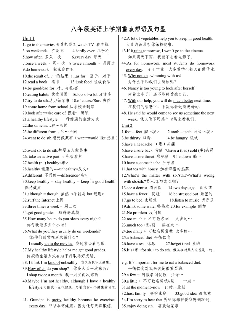 八年级英语上册重点短语及句型教案.doc_第1页