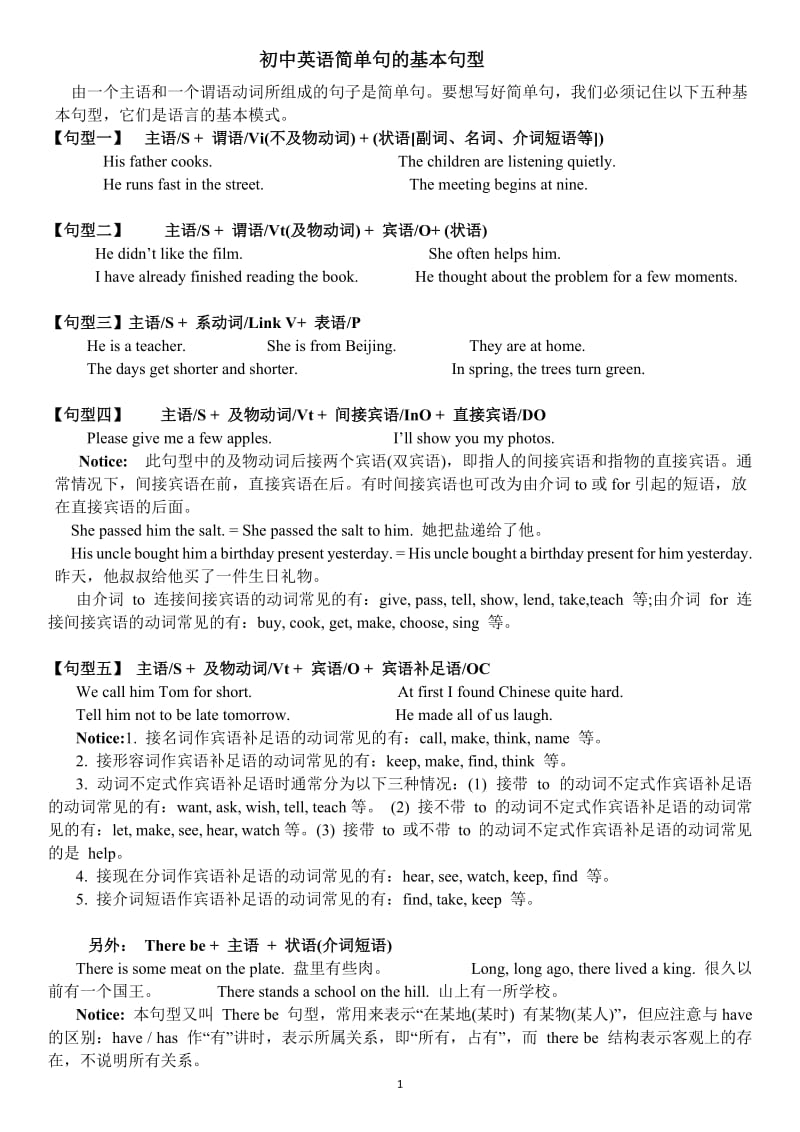 初中英语的几种基本句型讲解及练习.docx_第1页