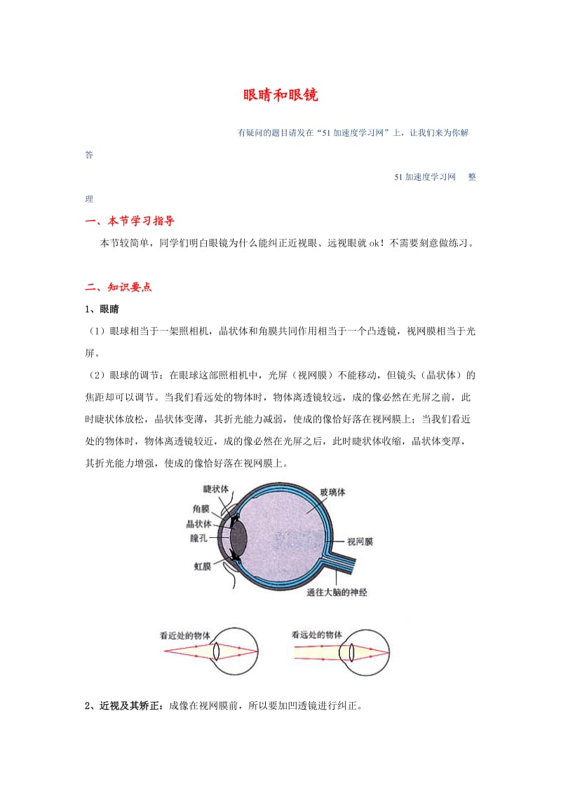 八年级上册物理《透镜及其作用》眼睛和眼镜知识点总结.doc_第1页